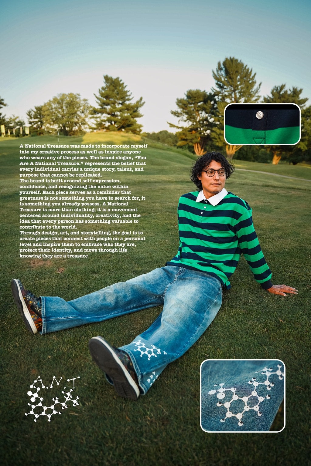 Editorial of a model in a green and navy polo sitting outdoors