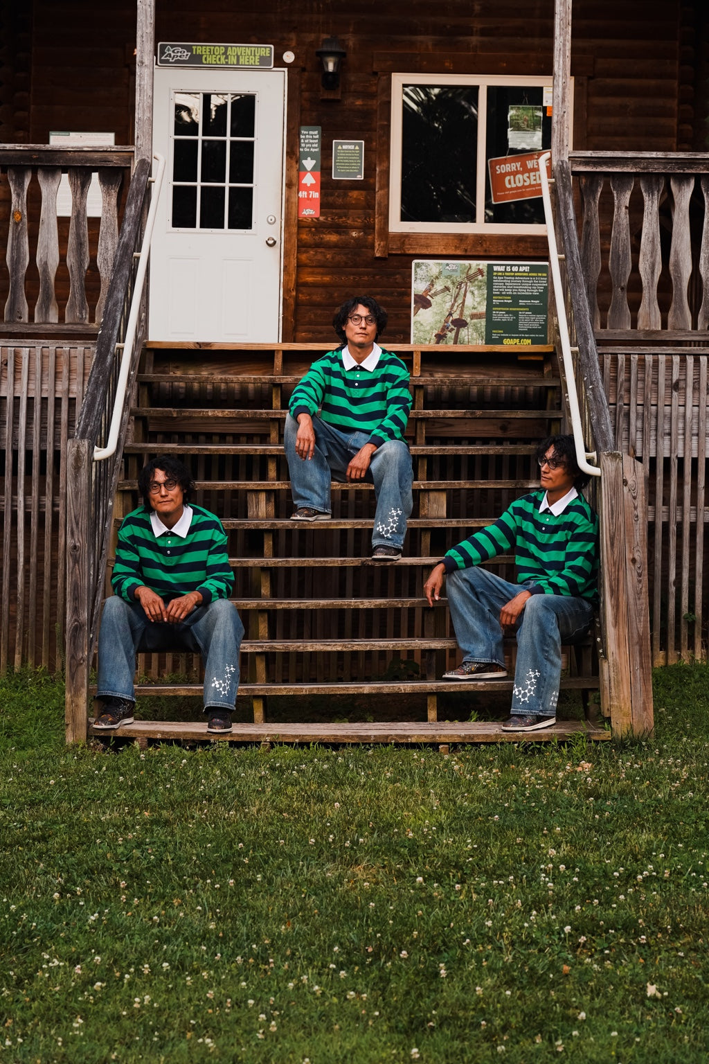 Three campaign portraits in green and navy striped polos