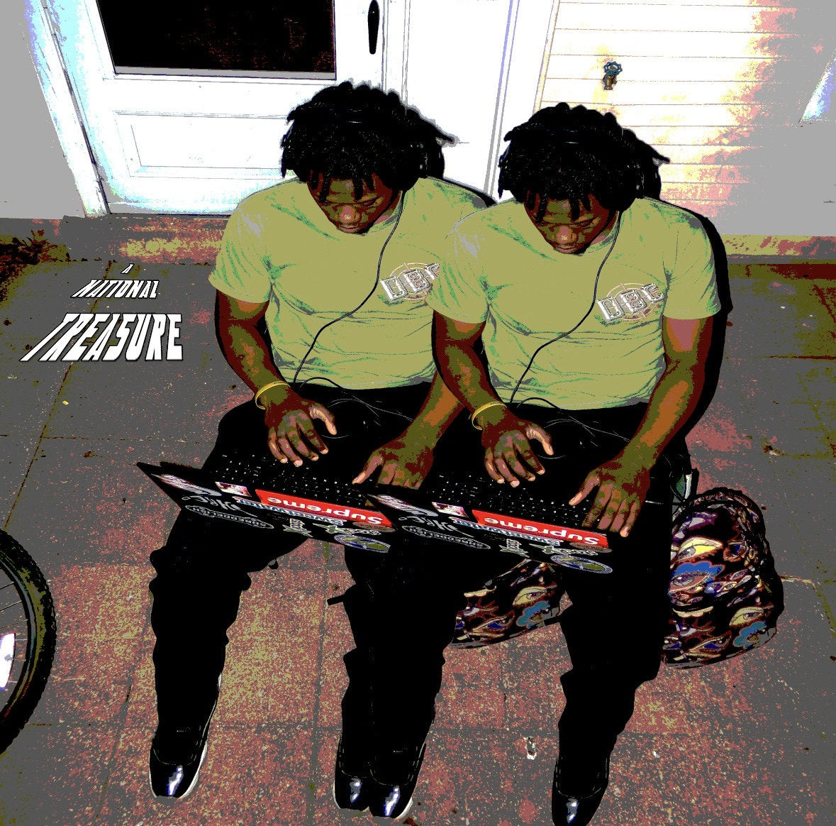 Layered editorial image of a musician using a compact keyboard